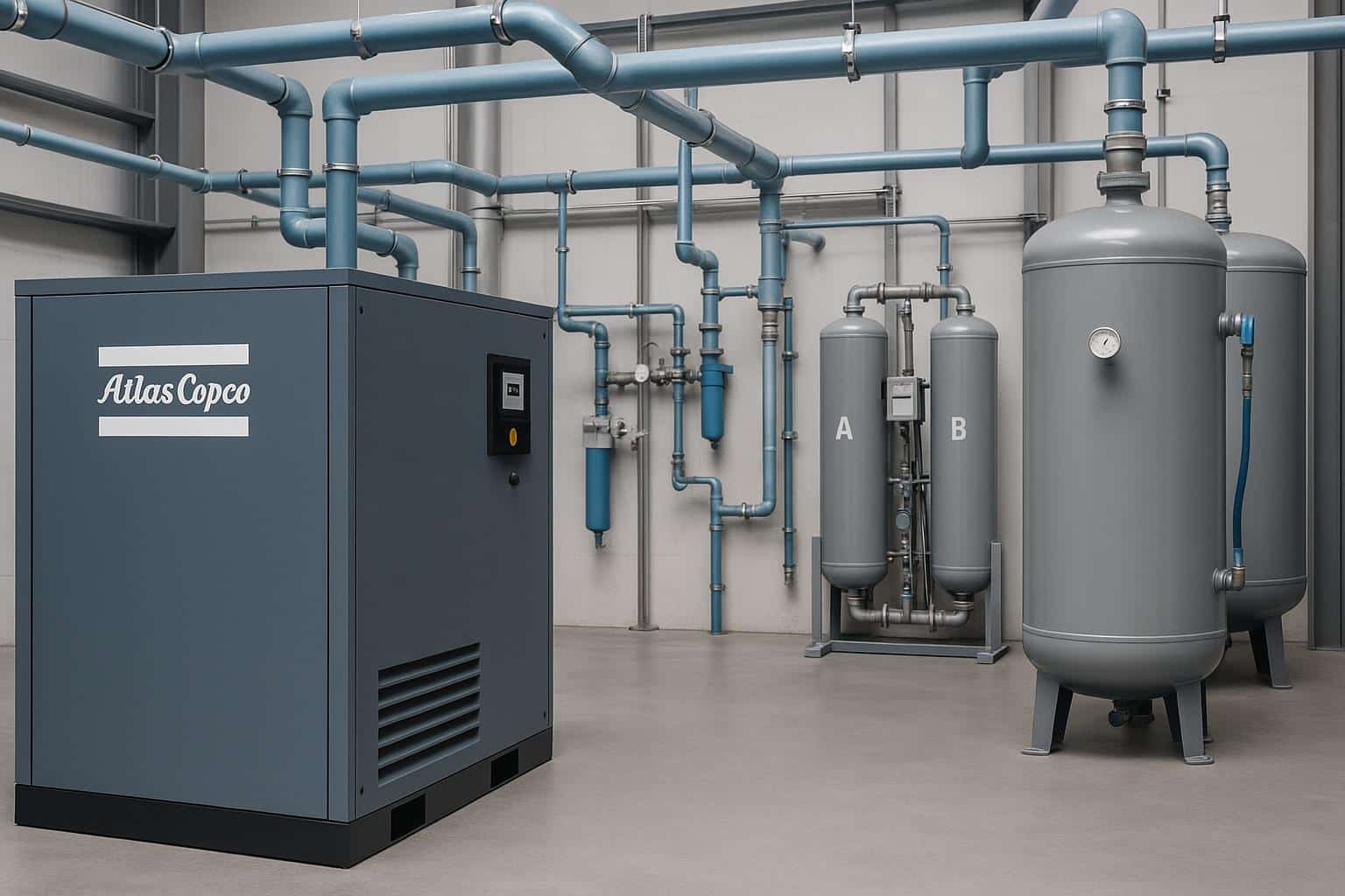 Atlas Copco air compressors optimizing industrial air system efficiency in a modern facility