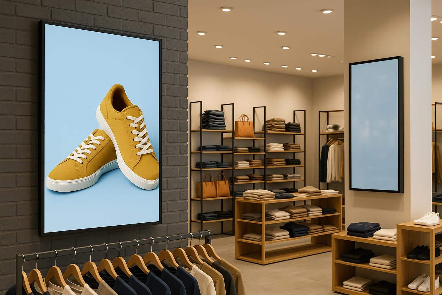Modern digital signage display in retail store highlighting marketing benefits for brick-and-mortar brands