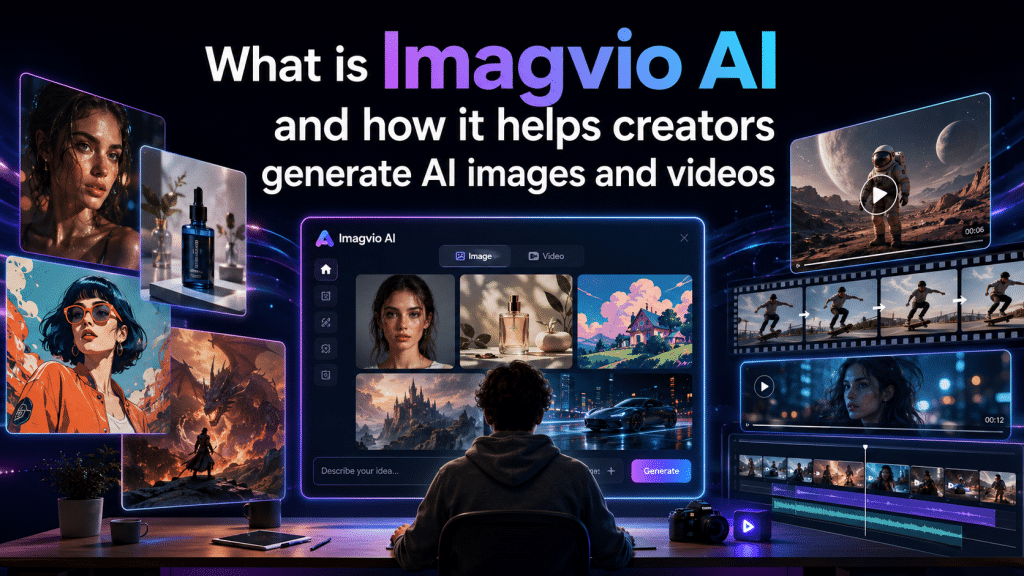 Imagvio AI platform interface showcasing AI-generated artwork and video creation tools for creators