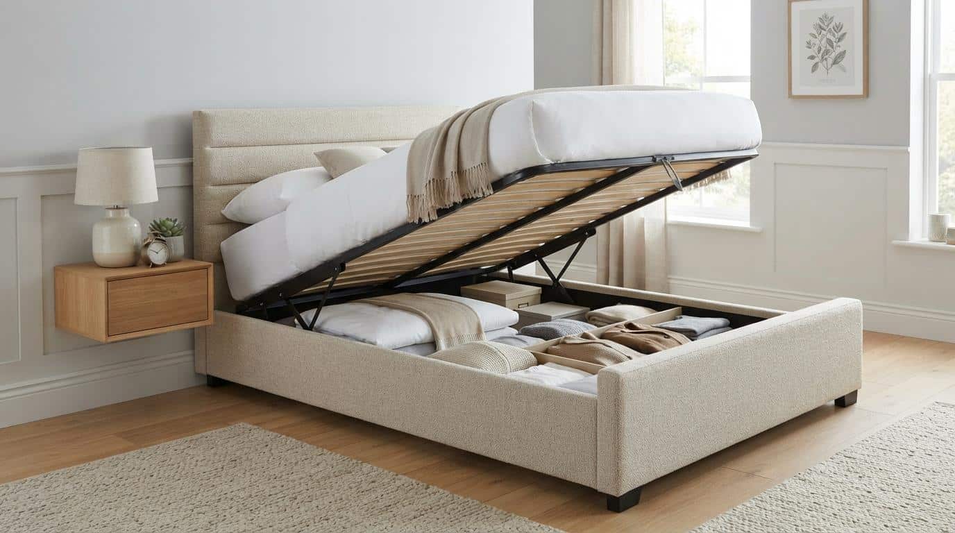 A premium small double ottoman storage bed with a low foot-end, upholstered in a light beige textured fabric (Bedstar).