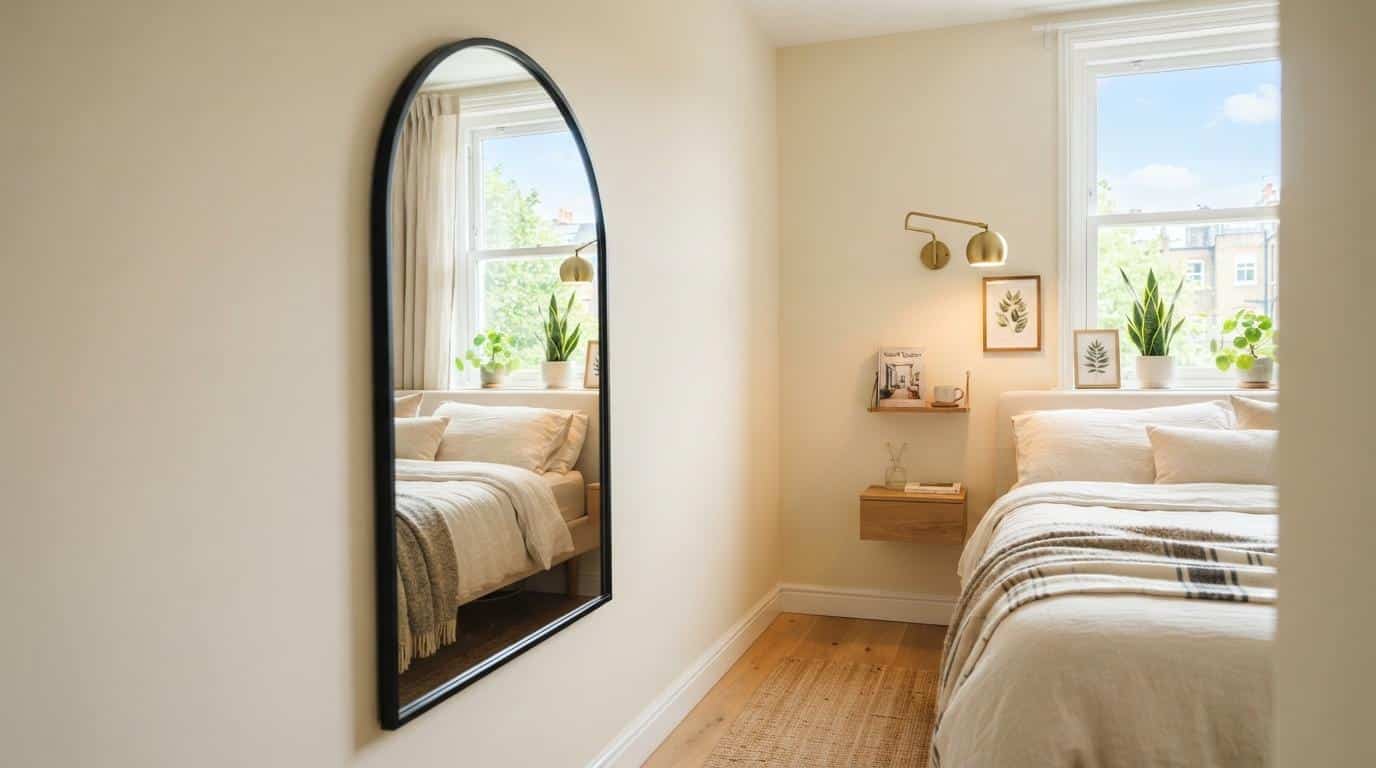 A bright, compact bedroom utilising smart design tricks. A large, minimalist arched mirror with a thin black metal frame hangs on a warm cream wall directly opposite a sunny window.