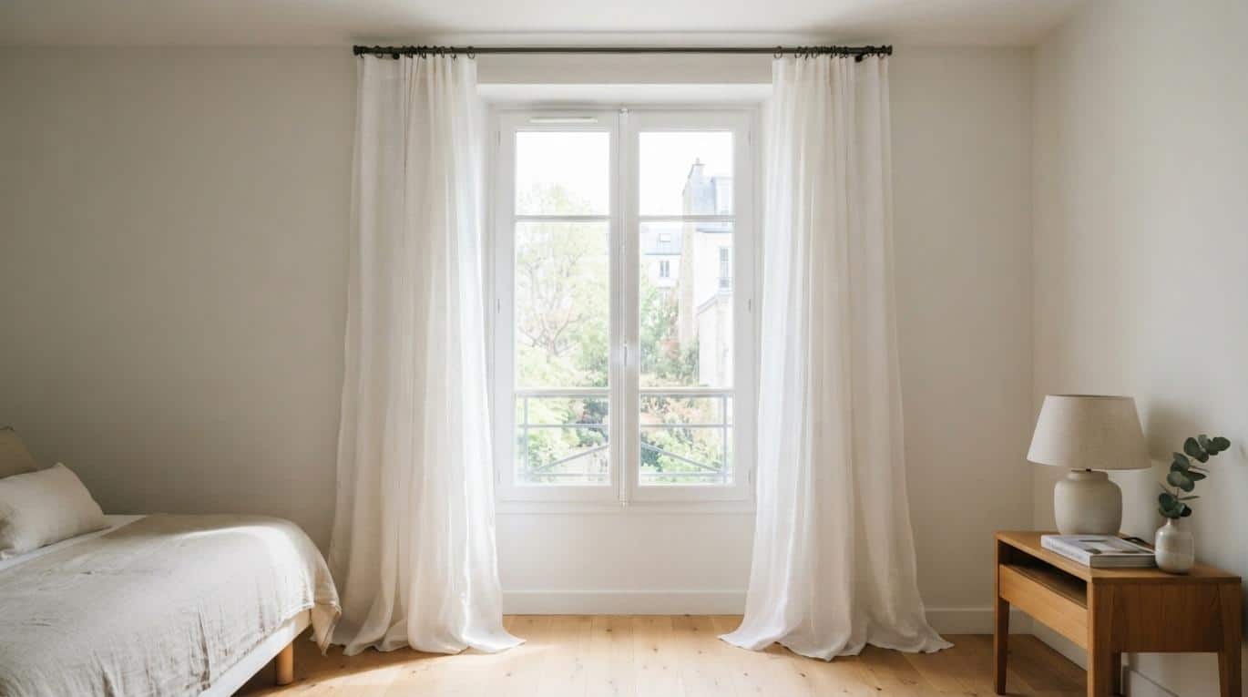 A close-up architectural view of a bedroom window in a small room. The curtain pole is installed high up, halfway between the top of the window frame and the ceiling, with long, semi-sheer white linen curtains.